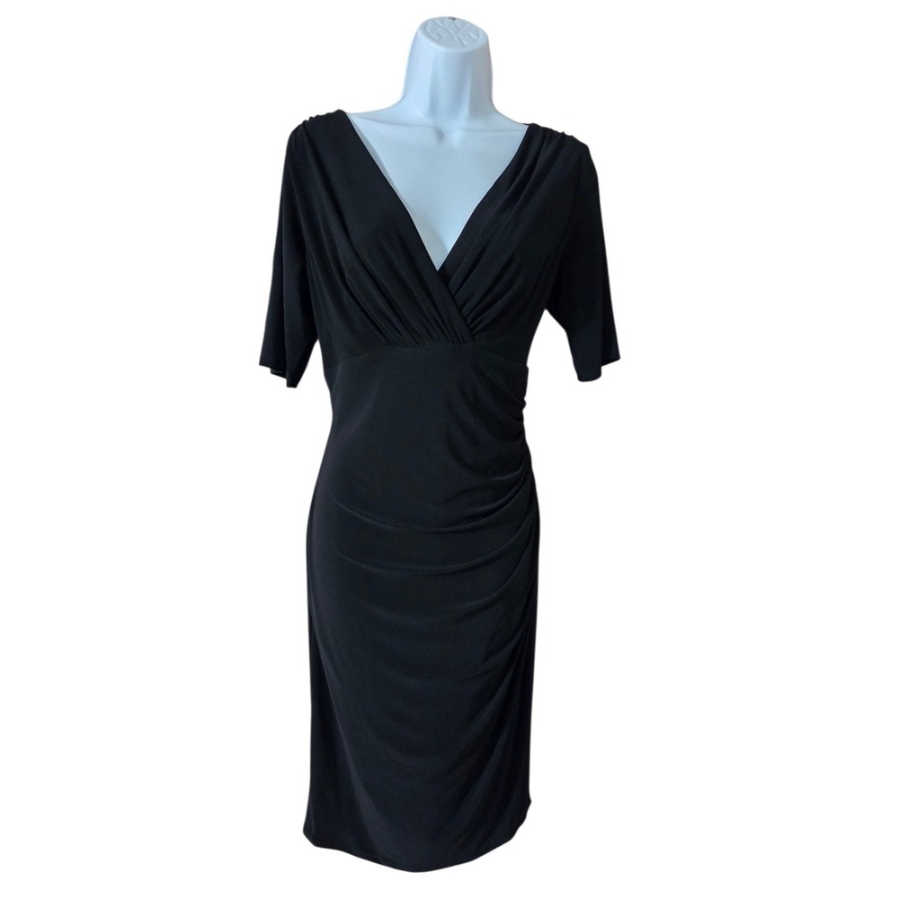 Evan Picone Black V-Neck Ruched Midi Stretch Dress W Half‎ Sleeves 12